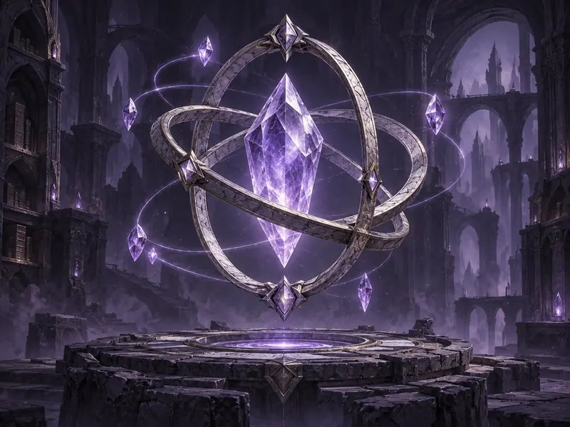 An amethyst crystal suspended within interlocking arcane rings above an ancient stone platform.