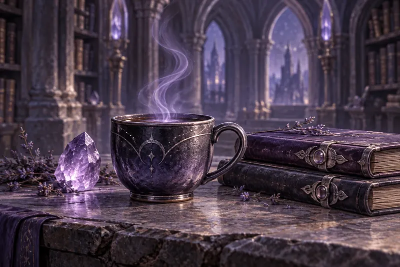 A steaming violet coffee cup beside an amethyst crystal and archival books in an arcane library.
